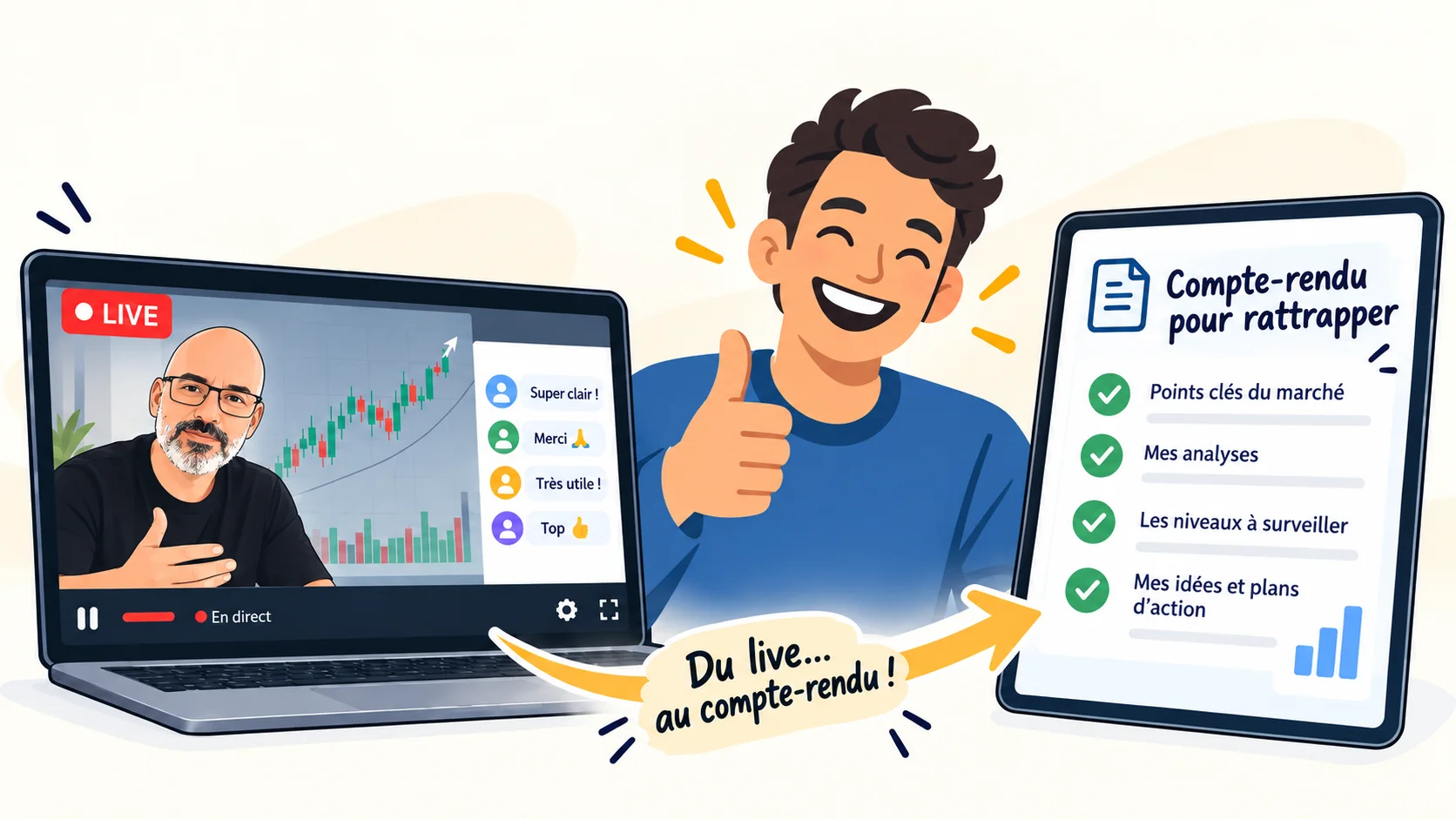 Illustration : du live au compte rendu, pour rattraper une séance.